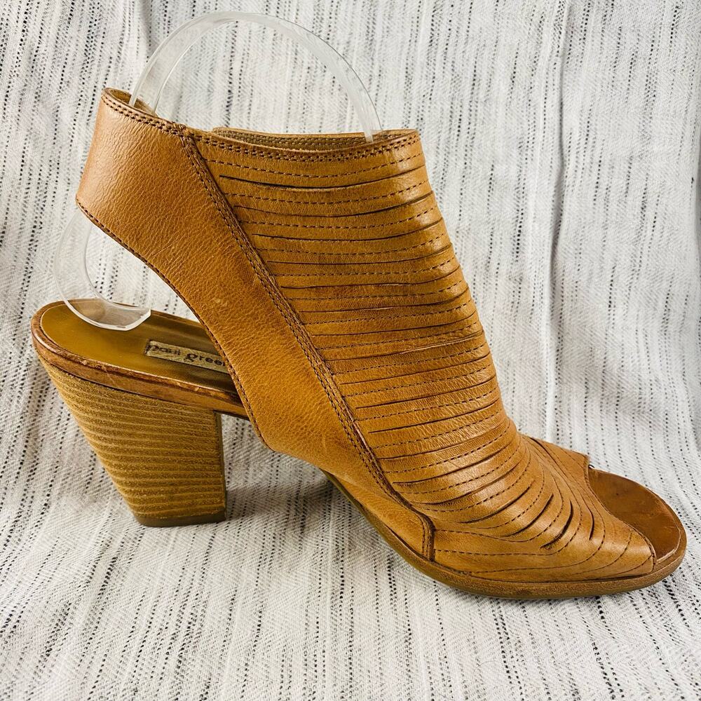 Paul Green Tan Leather Laser Cut Open Toe Heeled Ankle Booties Size 5.5